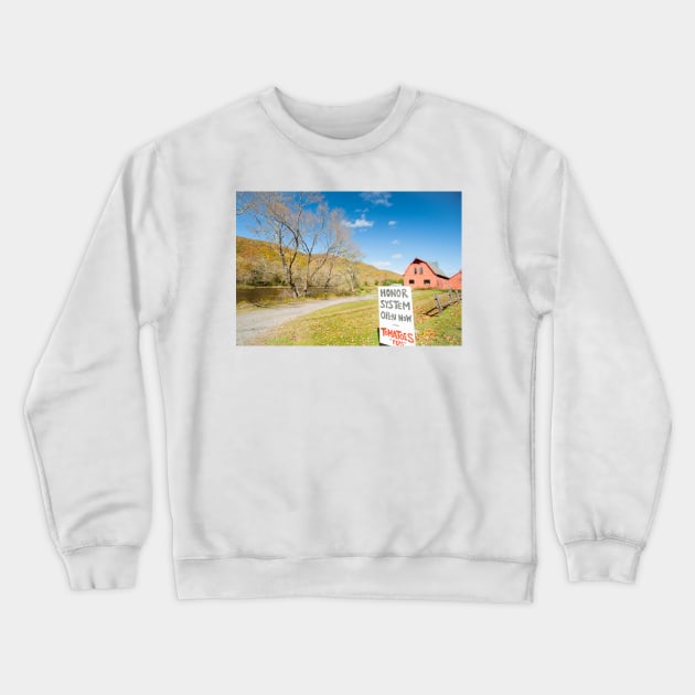Honor system sign for tomatoes in rural New England beside an American style red barn by a river. Crewneck Sweatshirt by brians101